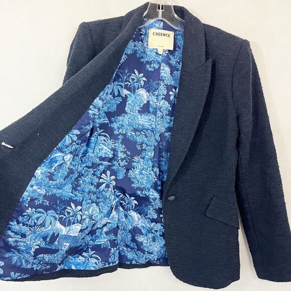 L'Agence Chamberlain Cotton Blend Boucle Tweed Blazer Jacket Navy Blue - Size 4 - Picture 6 of 8